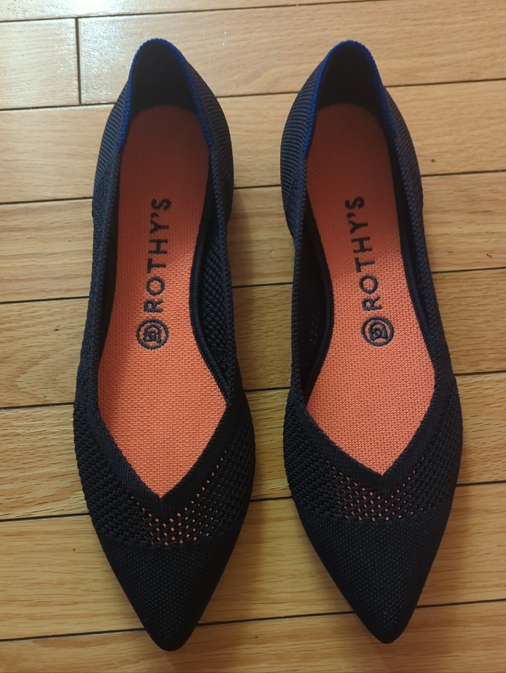 Rothy's Navy Blue Pointed Knit Flats with Orange Insoles